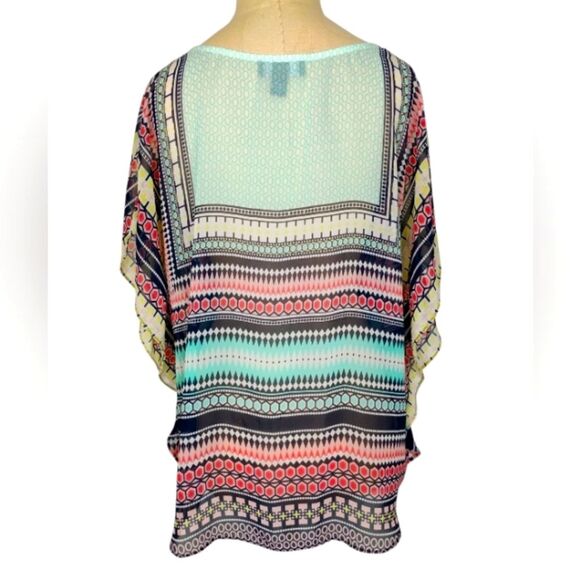 AGB Sheer Blouse Top Meduim Geometric Design Vneck Pink Yellow Green Blue White - Picture 2 of 16